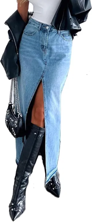 Womens Split High Waist Cargo Denim Midi Skirt Casual A-Line Jean Long Skirts Y2k Summer Solid Workwear Skirt