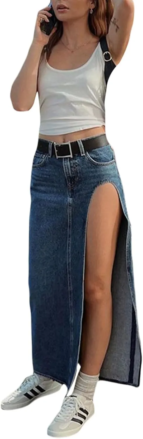 Womens Split High Waist Cargo Denim Midi Skirt Casual A-Line Jean Long Skirts Y2k Summer Solid Workwear Skirt