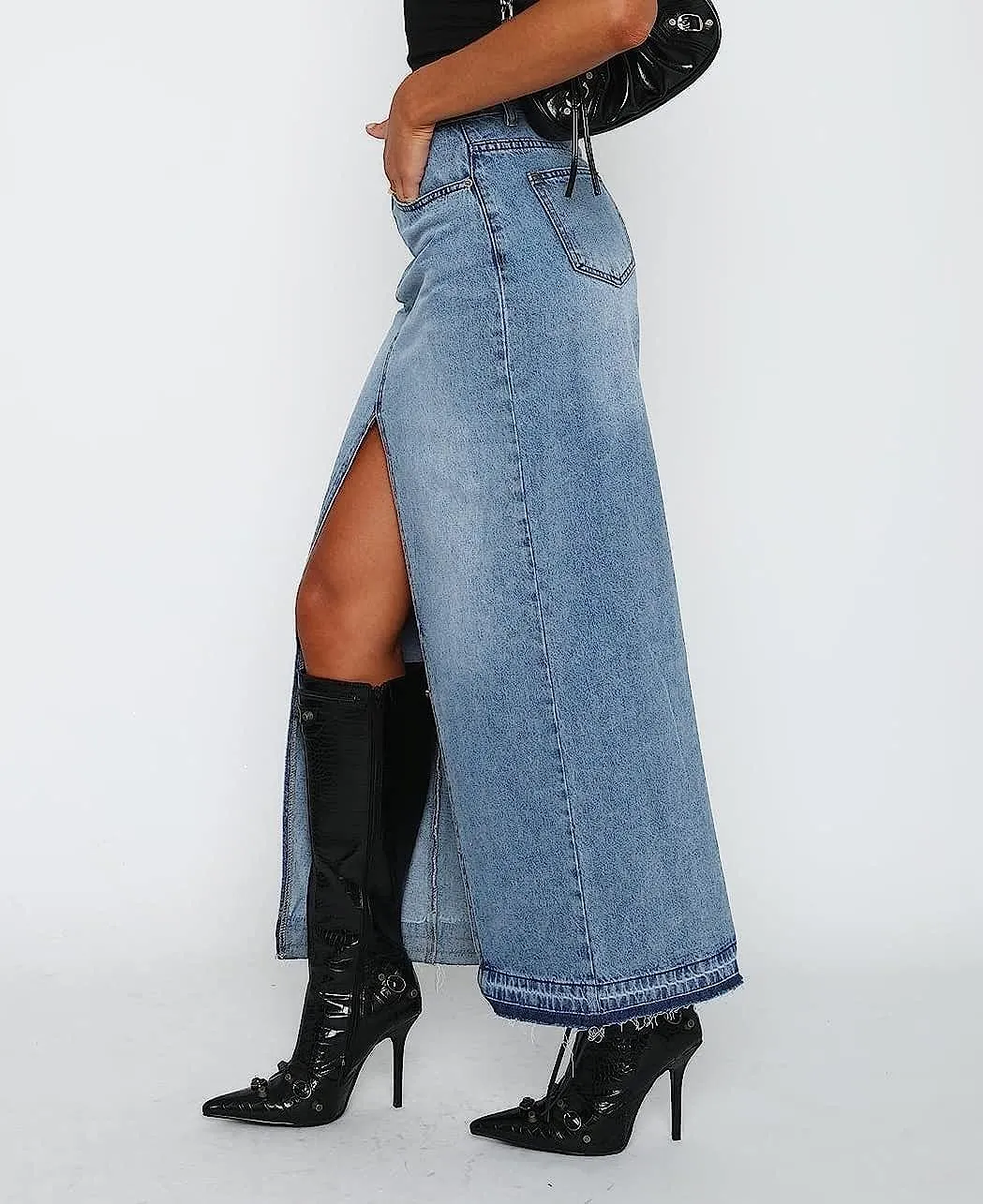 Womens Split High Waist Cargo Denim Midi Skirt Casual A-Line Jean Long Skirts Y2k Summer Solid Workwear Skirt