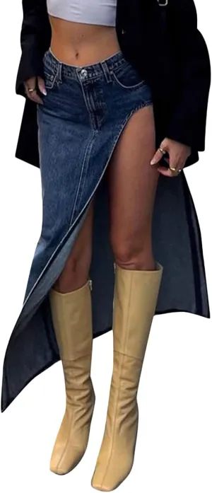 Womens Split High Waist Cargo Denim Midi Skirt Casual A-Line Jean Long Skirts Y2k Summer Solid Workwear Skirt