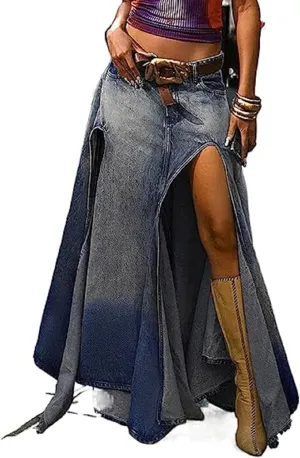Womens Split High Waist Cargo Denim Midi Skirt Casual A-Line Jean Long Skirts Y2k Summer Solid Workwear Skirt