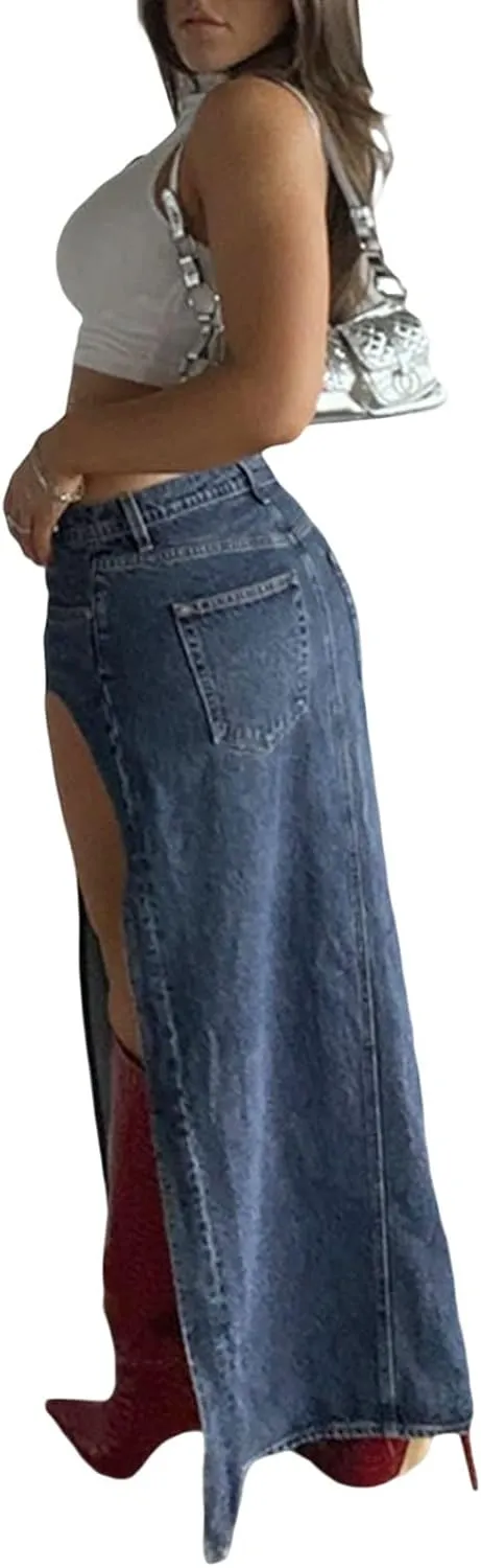 Womens Split High Waist Cargo Denim Midi Skirt Casual A-Line Jean Long Skirts Y2k Summer Solid Workwear Skirt
