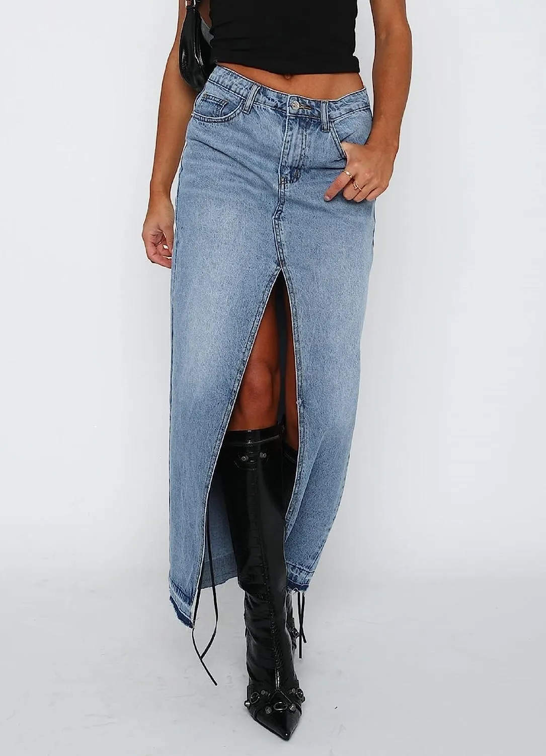 Womens Split High Waist Cargo Denim Midi Skirt Casual A-Line Jean Long Skirts Y2k Summer Solid Workwear Skirt