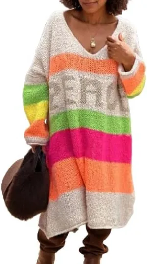 Women's Striped Sweater Pullover Dress - Oversized V-Neck Long Sleeve Knit Midi Dress - Casual Drop Shoulder