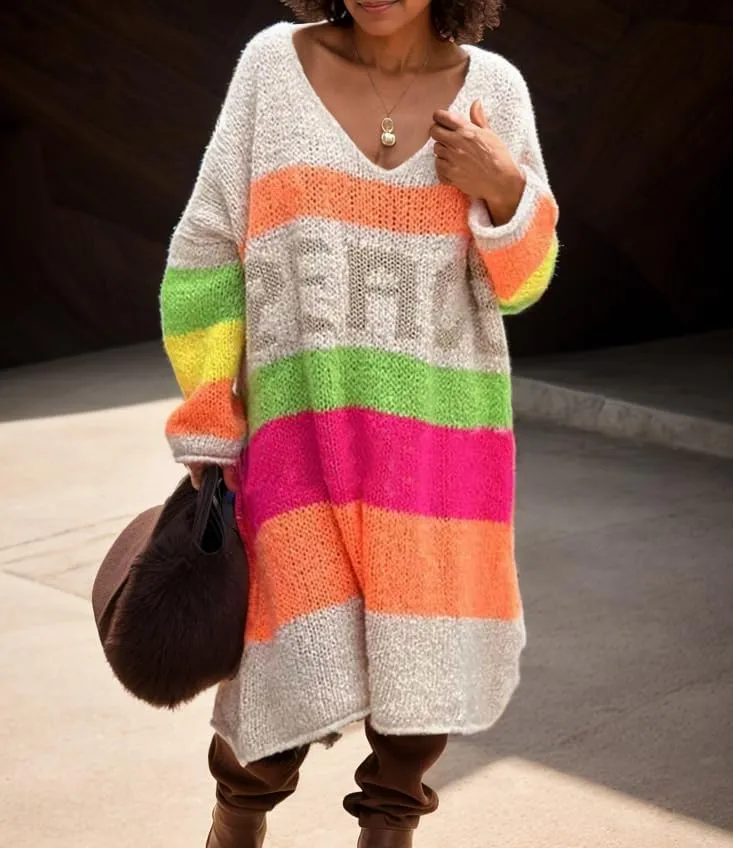 Women's Striped Sweater Pullover Dress - Oversized V-Neck Long Sleeve Knit Midi Dress - Casual Drop Shoulder