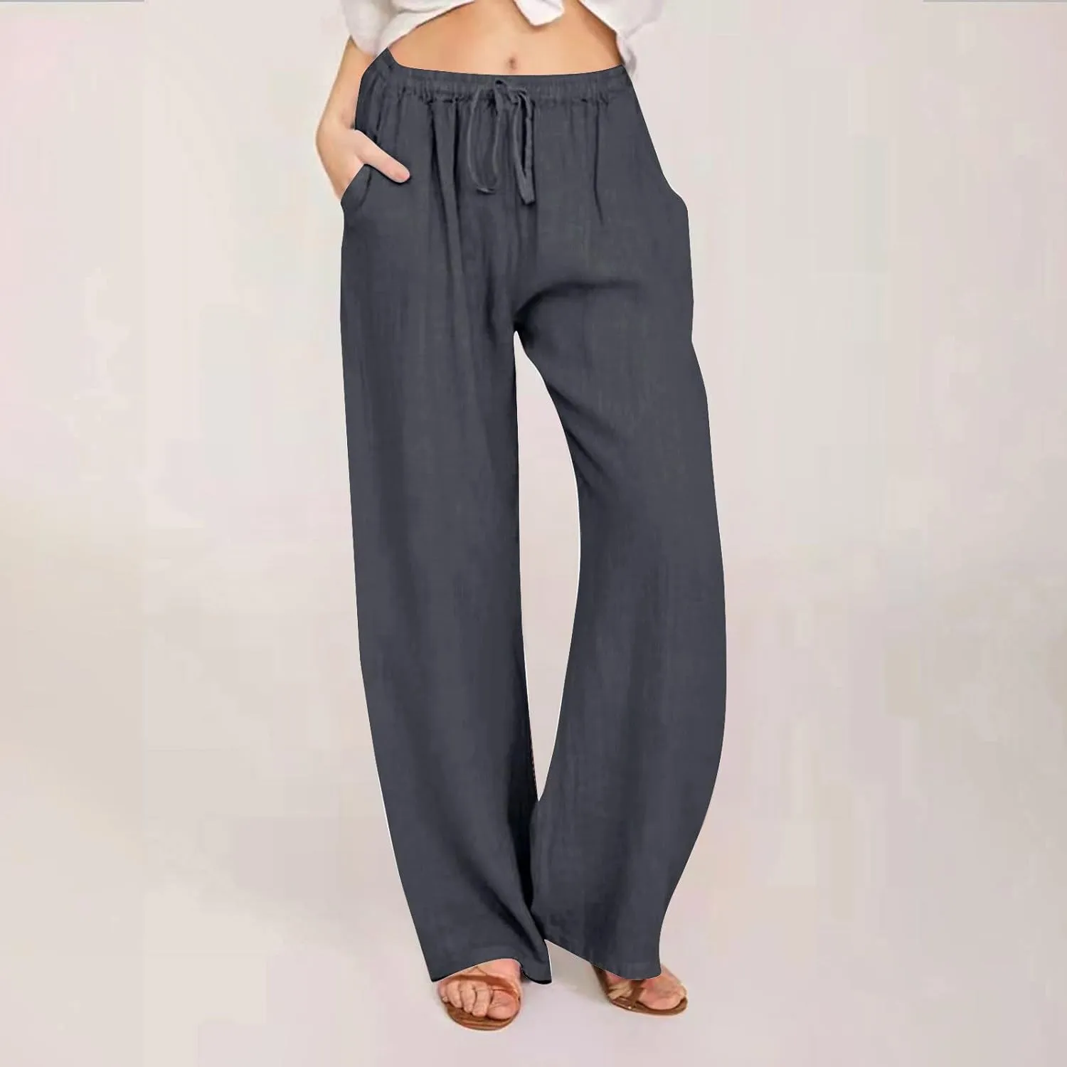 Womens Summer Cotton Pants Dressy Casual High Waisted Drawstring Lounge Trousers Loose Wide Legged Flwoy Beach Pant