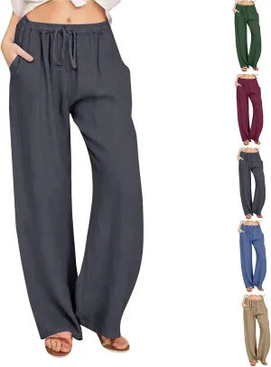 Womens Summer Cotton Pants Dressy Casual High Waisted Drawstring Lounge Trousers Loose Wide Legged Flwoy Beach Pant