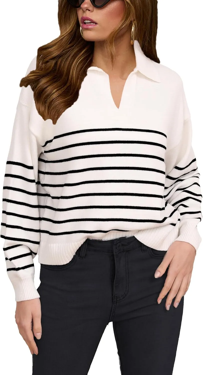 Women's Sweater, Casual Striped Long Sleeve Polo V Neck Knit Pullover Loose Sweater for Valentine's Day