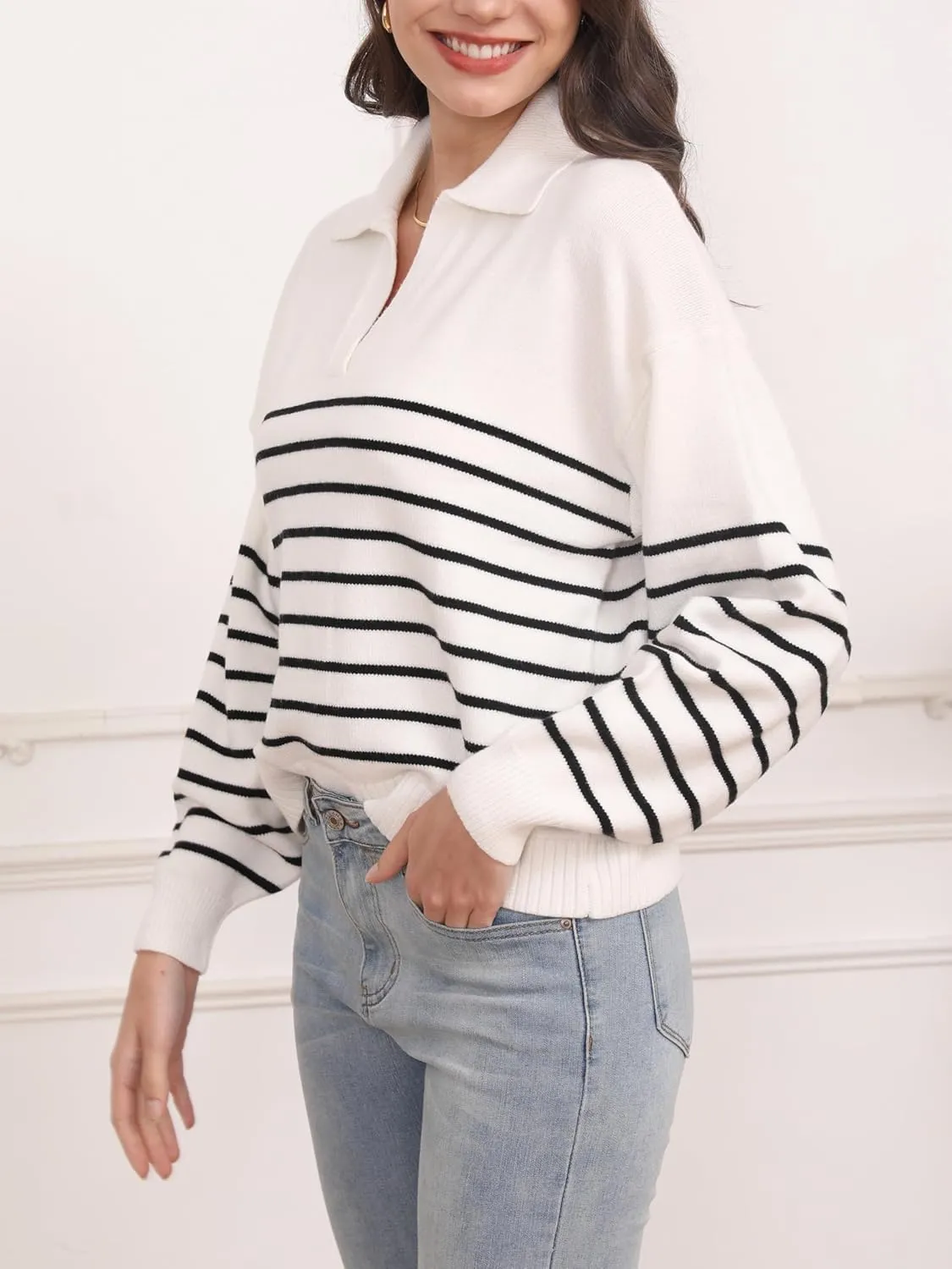 Women's Sweater, Casual Striped Long Sleeve Polo V Neck Knit Pullover Loose Sweater for Valentine's Day