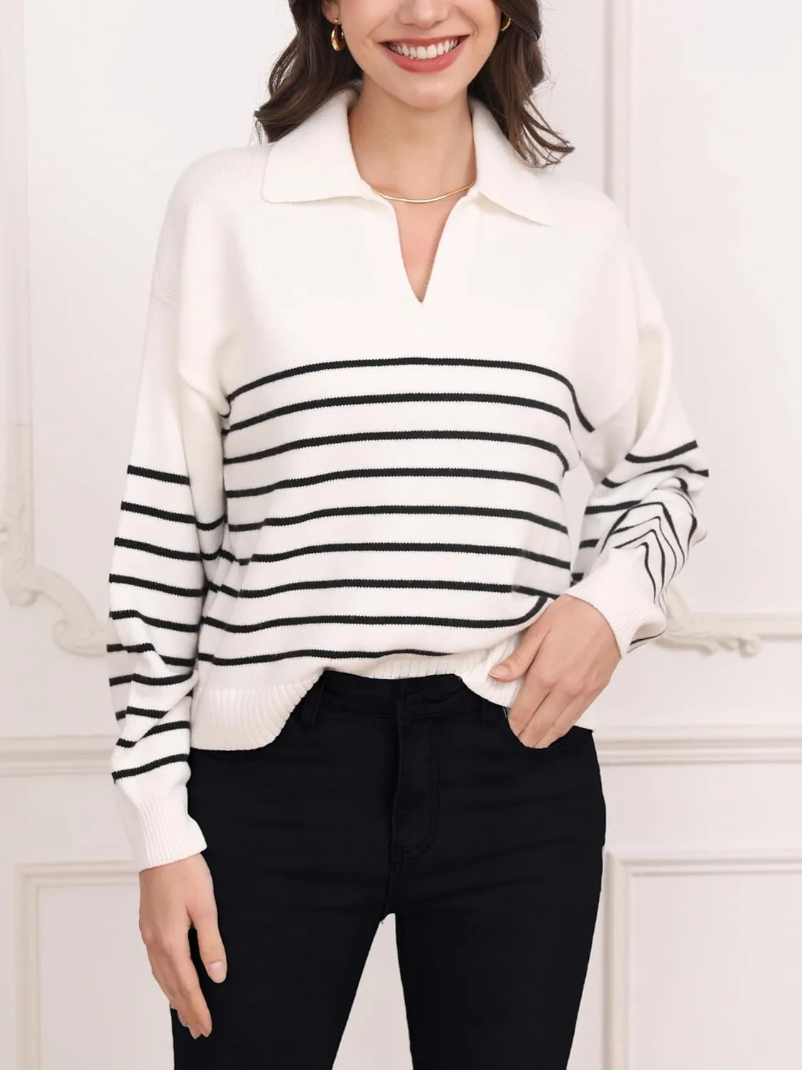 Women's Sweater, Casual Striped Long Sleeve Polo V Neck Knit Pullover Loose Sweater for Valentine's Day
