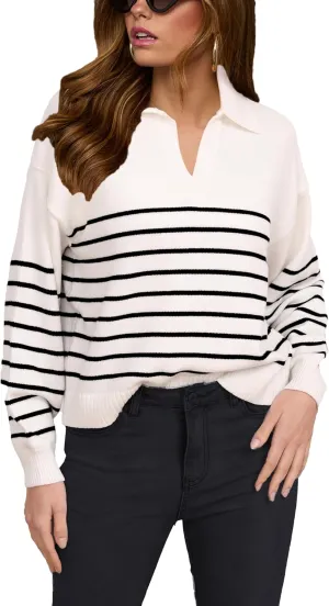 Women's Sweater, Casual Striped Long Sleeve Polo V Neck Knit Pullover Loose Sweater for Valentine's Day