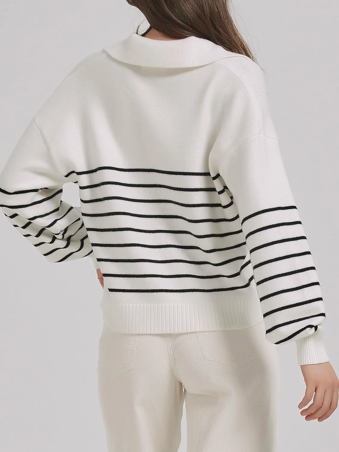 Women's Sweater, Casual Striped Long Sleeve Polo V Neck Knit Pullover Loose Sweater for Valentine's Day