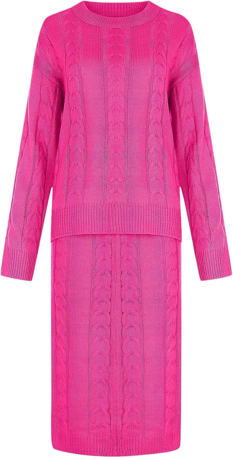 Womens Sweater Skirt Sets Chunky Cable Knit 2 Piece Outfit Winter Casual Crewneck Pullover Sweater and Long Skirts