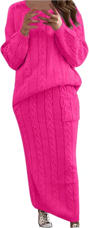 Womens Sweater Skirt Sets Chunky Cable Knit 2 Piece Outfit Winter Casual Crewneck Pullover Sweater and Long Skirts