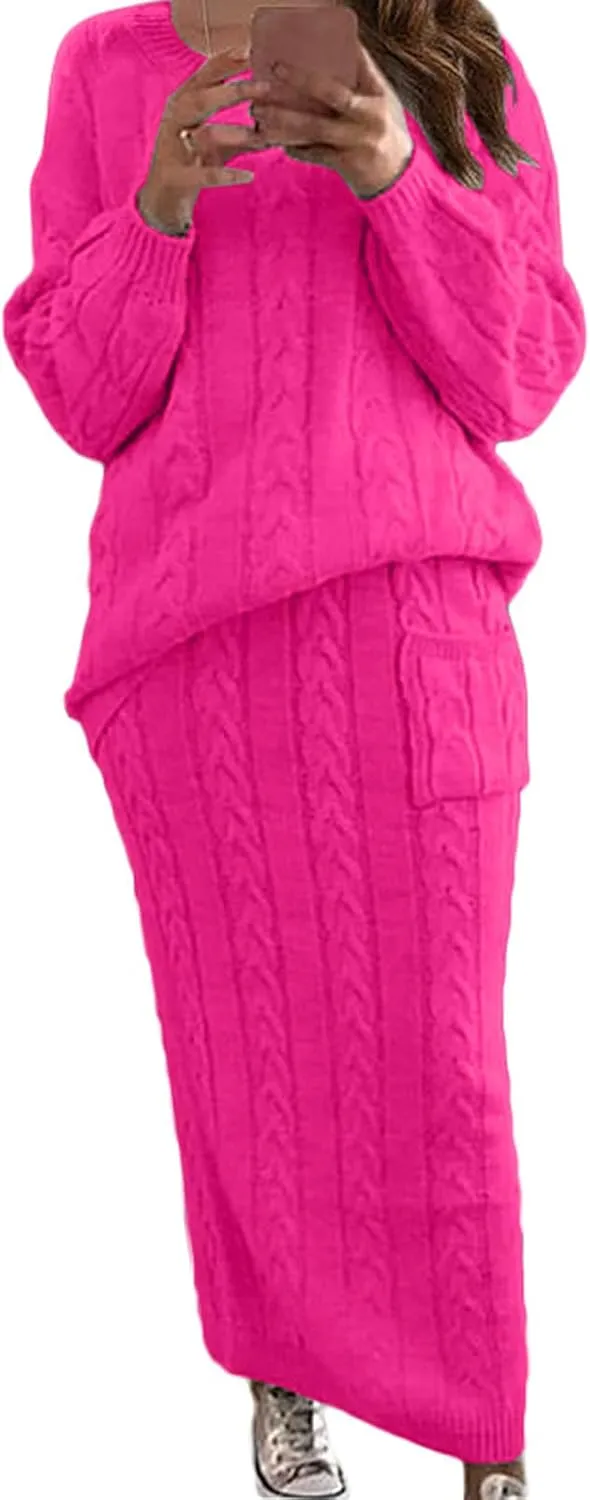 Womens Sweater Skirt Sets Chunky Cable Knit 2 Piece Outfit Winter Casual Crewneck Pullover Sweater and Long Skirts