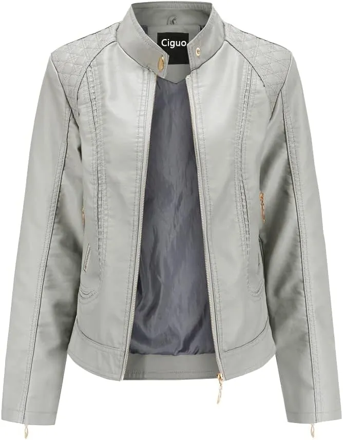 Women's Trendy Faux Leather Jacket Moto Short Jacket Fashion PU Jacket Coat