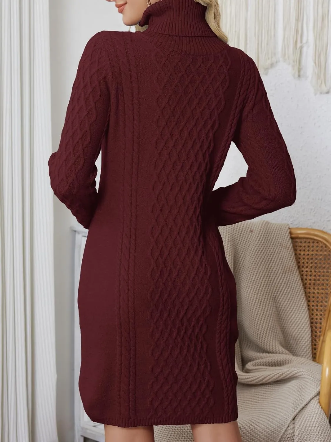 Women's Turtleneck Sweater Cable Knit Long Sleeve Sexy Pullover Tunic Mini Bodycon Sweater Dress Trendy Outfits