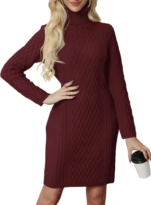 Women's Turtleneck Sweater Cable Knit Long Sleeve Sexy Pullover Tunic Mini Bodycon Sweater Dress Trendy Outfits