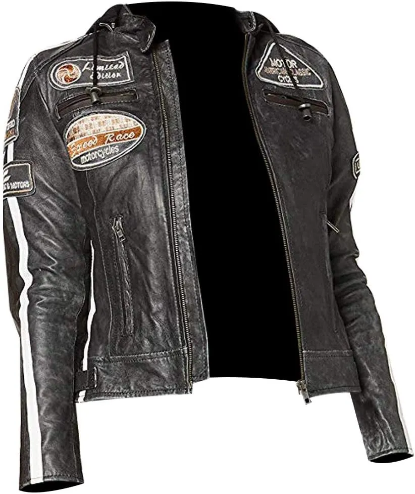 Women's Vintage Racer Retro Biker Jacket - Ladies Distressed Motorcycle Leather Jacket