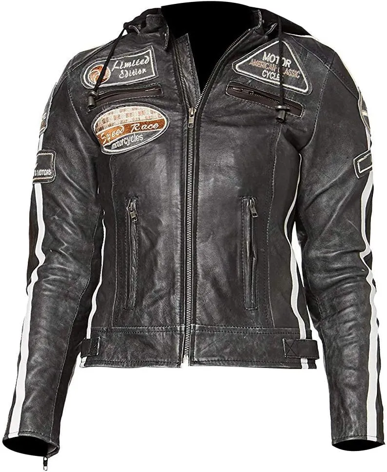 Women's Vintage Racer Retro Biker Jacket - Ladies Distressed Motorcycle Leather Jacket