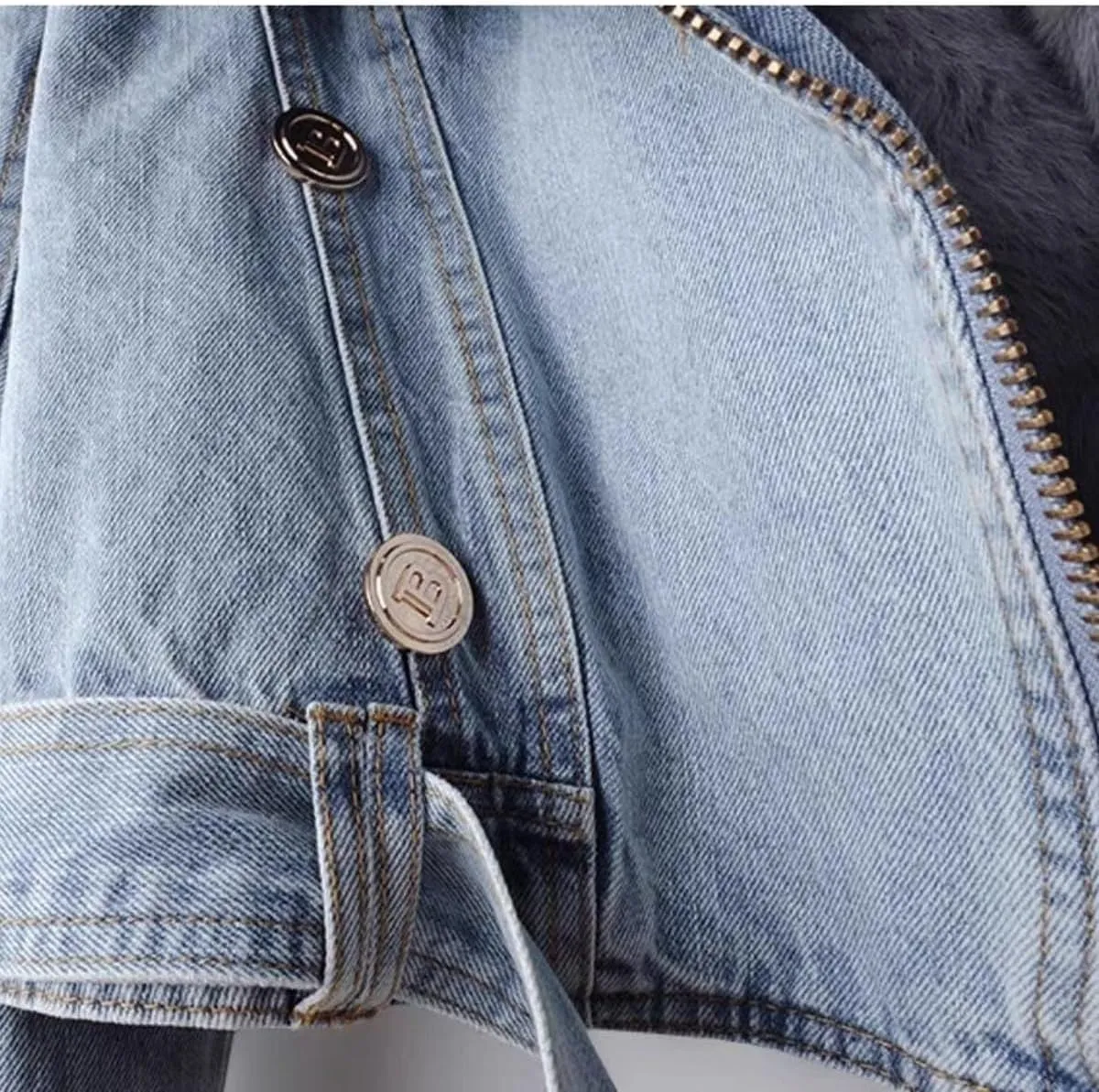 Womens Winter Denim Jacket Cropped Warm Jacket with Removable Faux Fur Liner Furry Trucker Jacket Coat
