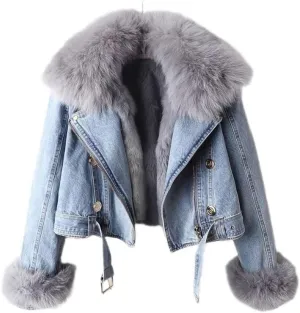 Womens Winter Denim Jacket Cropped Warm Jacket with Removable Faux Fur Liner Furry Trucker Jacket Coat