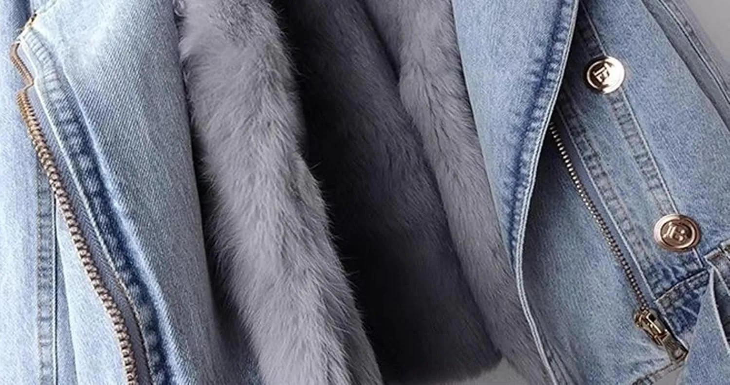 Womens Winter Denim Jacket Cropped Warm Jacket with Removable Faux Fur Liner Furry Trucker Jacket Coat