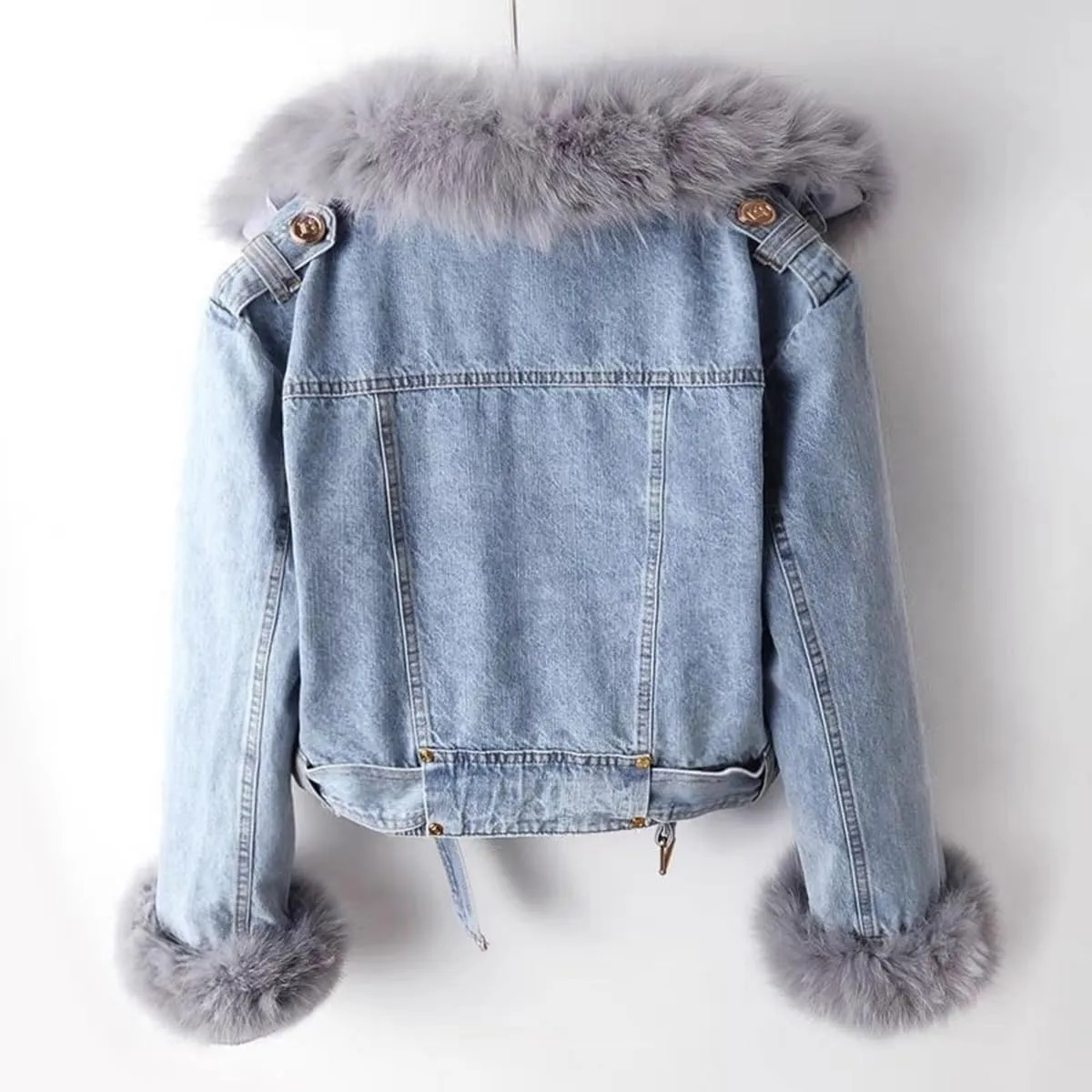 Womens Winter Denim Jacket Cropped Warm Jacket with Removable Faux Fur Liner Furry Trucker Jacket Coat