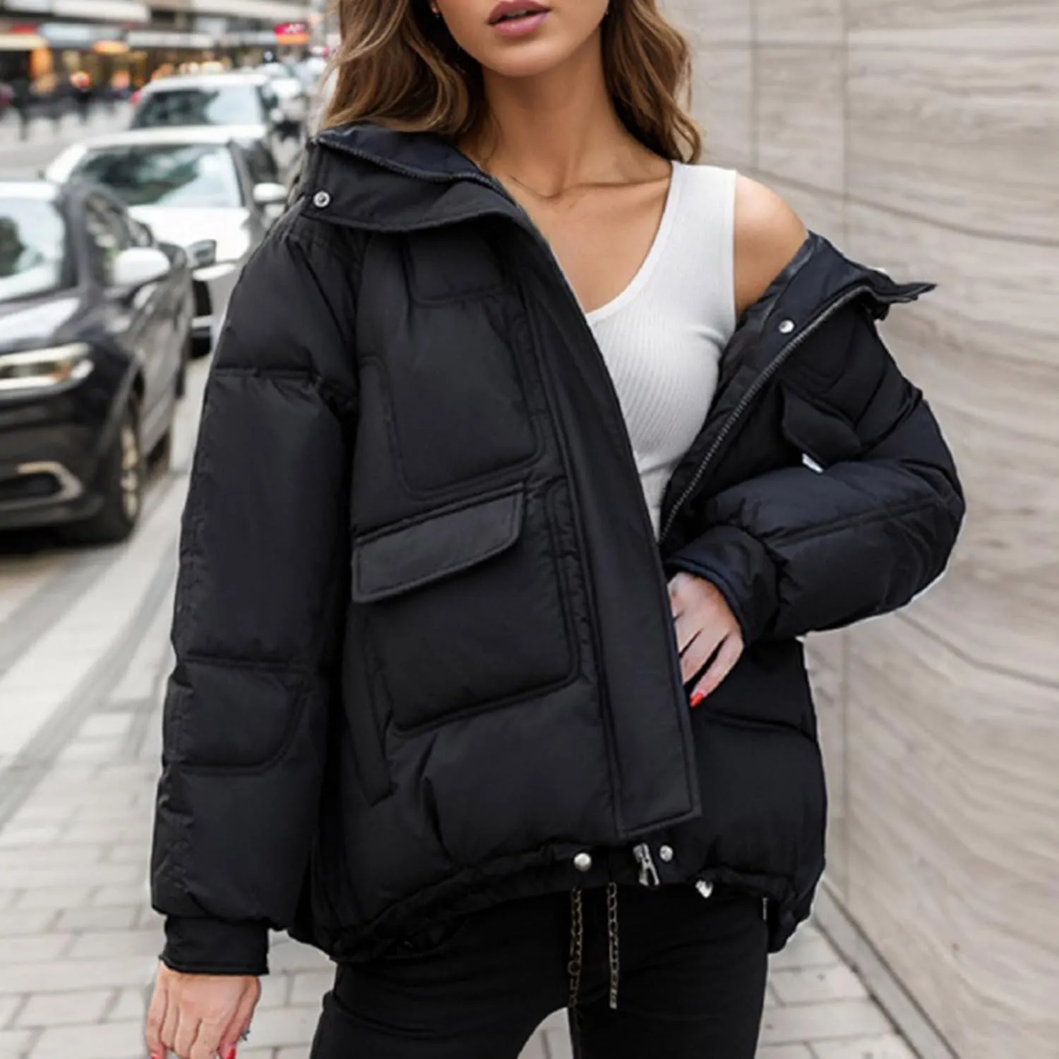 Women's Winter Short Cotton Coat with Multiple Pockets Hooded Thicken Warm Coat Zip Up Outerwear