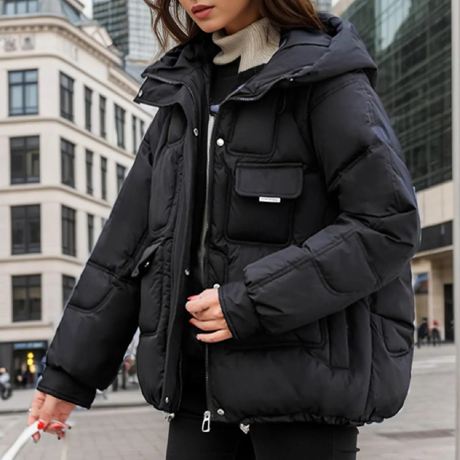 Women's Winter Short Cotton Coat with Multiple Pockets Hooded Thicken Warm Coat Zip Up Outerwear