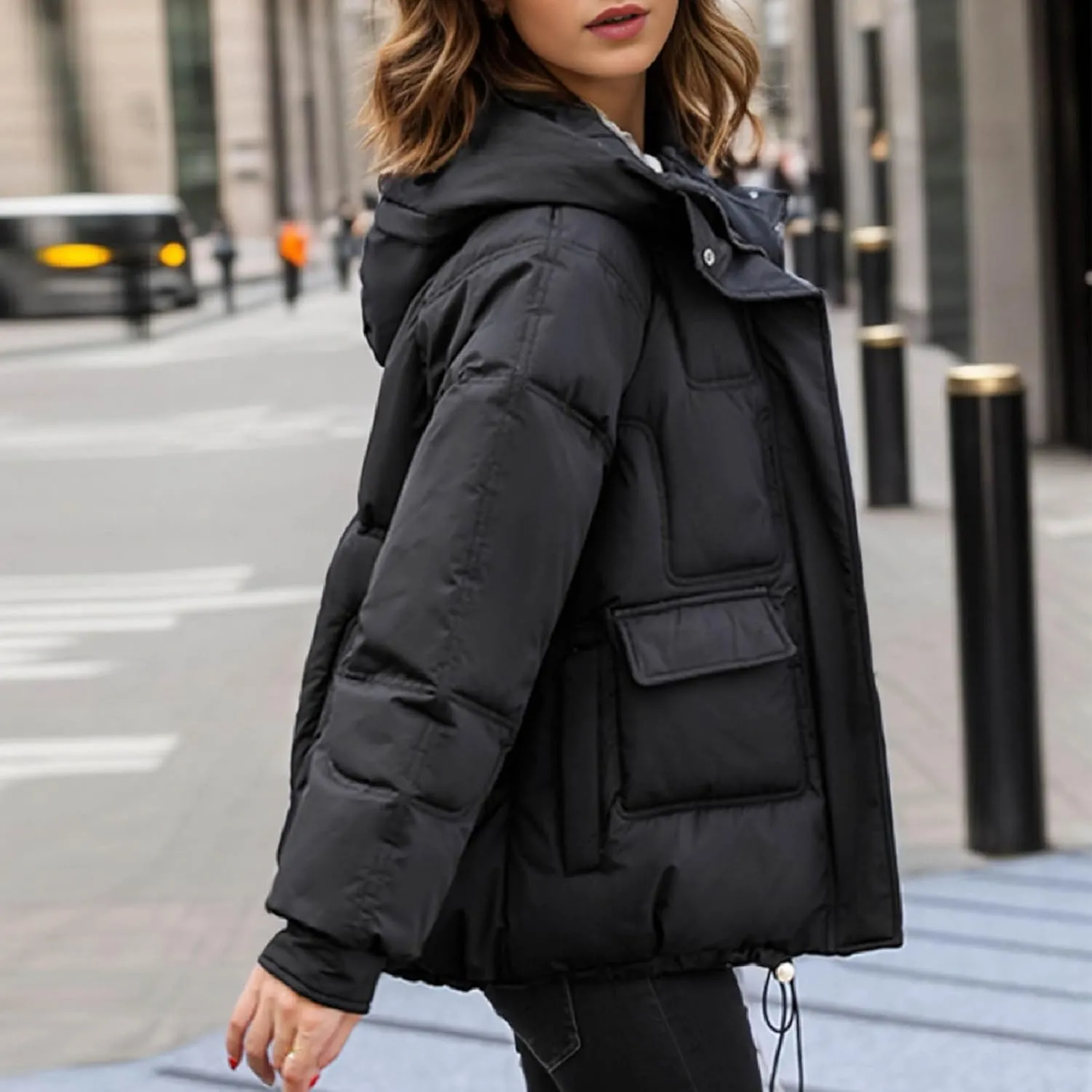Women's Winter Short Cotton Coat with Multiple Pockets Hooded Thicken Warm Coat Zip Up Outerwear