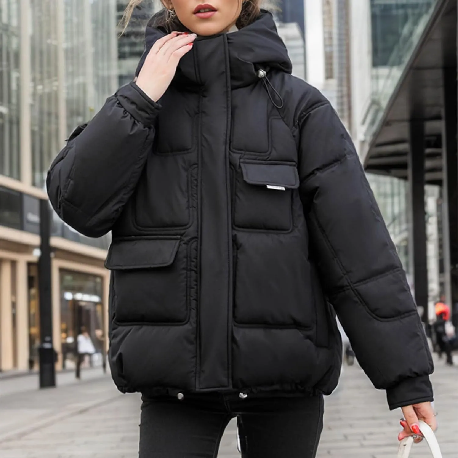 Women's Winter Short Cotton Coat with Multiple Pockets Hooded Thicken Warm Coat Zip Up Outerwear