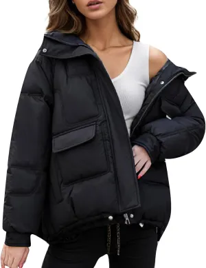 Women's Winter Short Cotton Coat with Multiple Pockets Hooded Thicken Warm Coat Zip Up Outerwear