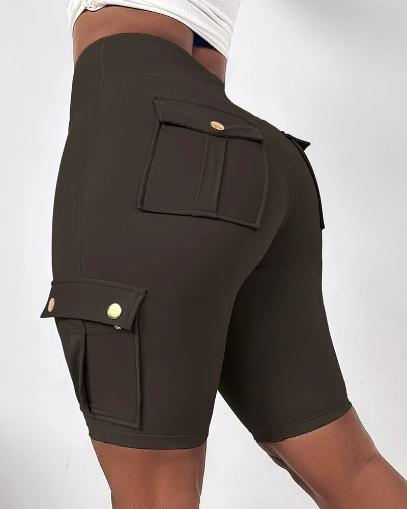 Womens Workout Shorts with Pocket Tummy Control Cargo Shorts Knee Length Butt Lifting High Waisted Biker Yoga Legging