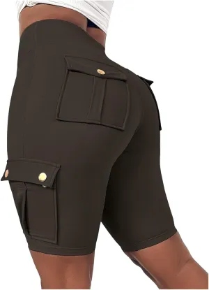 Womens Workout Shorts with Pocket Tummy Control Cargo Shorts Knee Length Butt Lifting High Waisted Biker Yoga Legging
