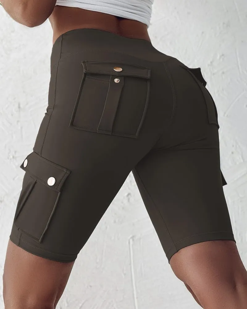 Womens Workout Shorts with Pocket Tummy Control Cargo Shorts Knee Length Butt Lifting High Waisted Biker Yoga Legging