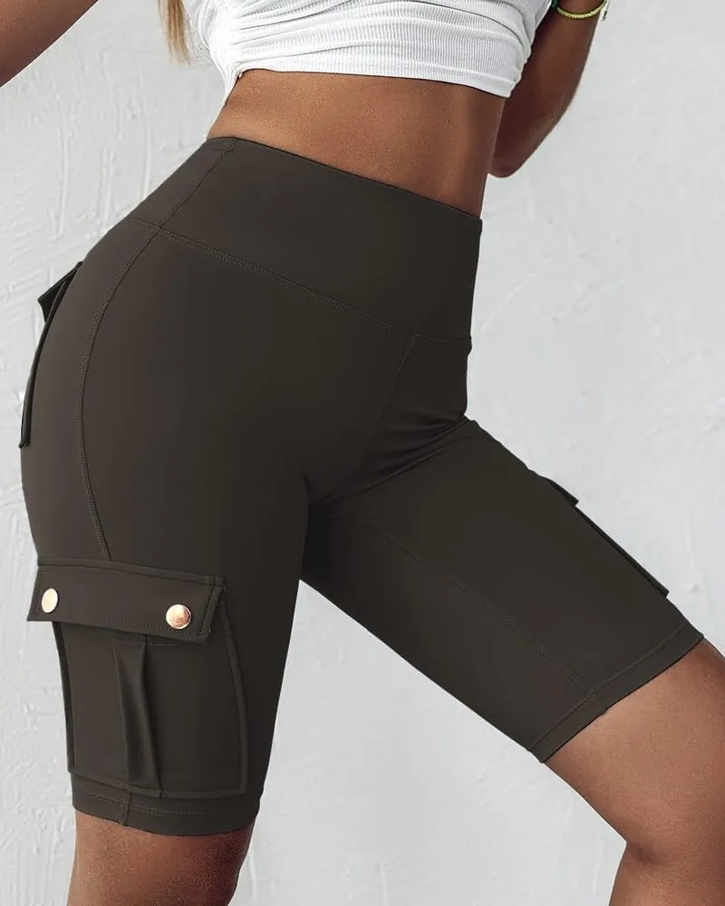 Womens Workout Shorts with Pocket Tummy Control Cargo Shorts Knee Length Butt Lifting High Waisted Biker Yoga Legging