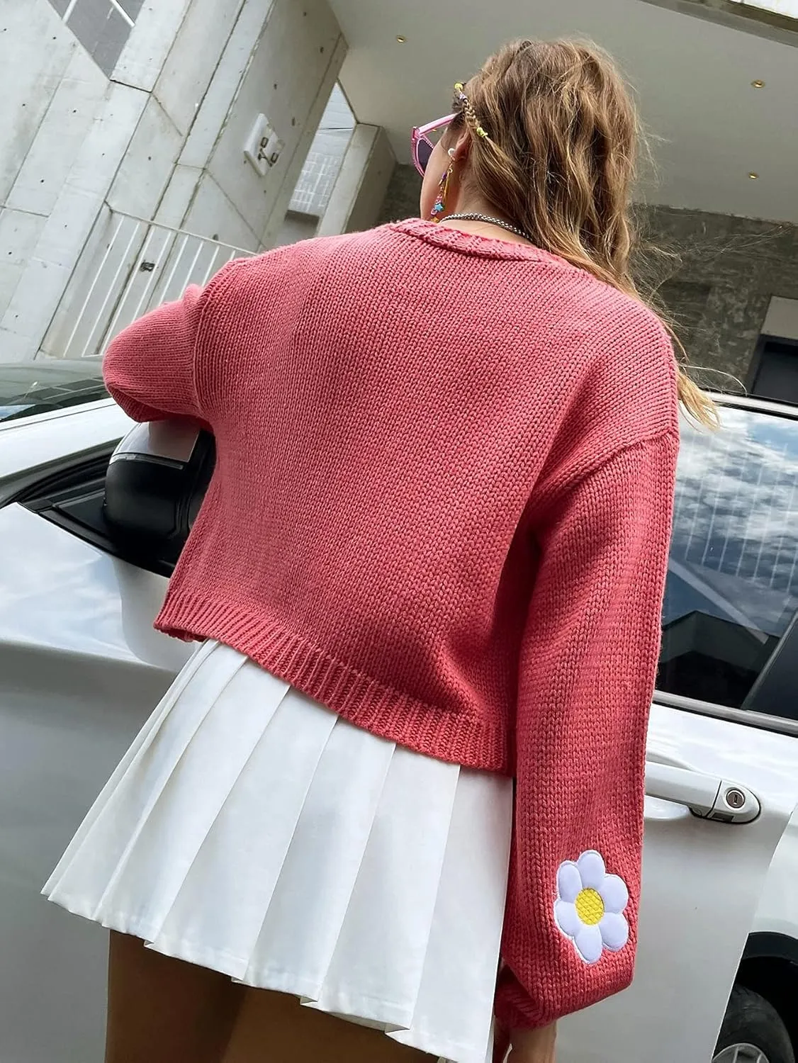 Womens Y2K Cardigan Sweaters Long Sleeve Open Front Cropped Flower Knit Cardigan Aesthetic 90s Shrug Back to College Outfits