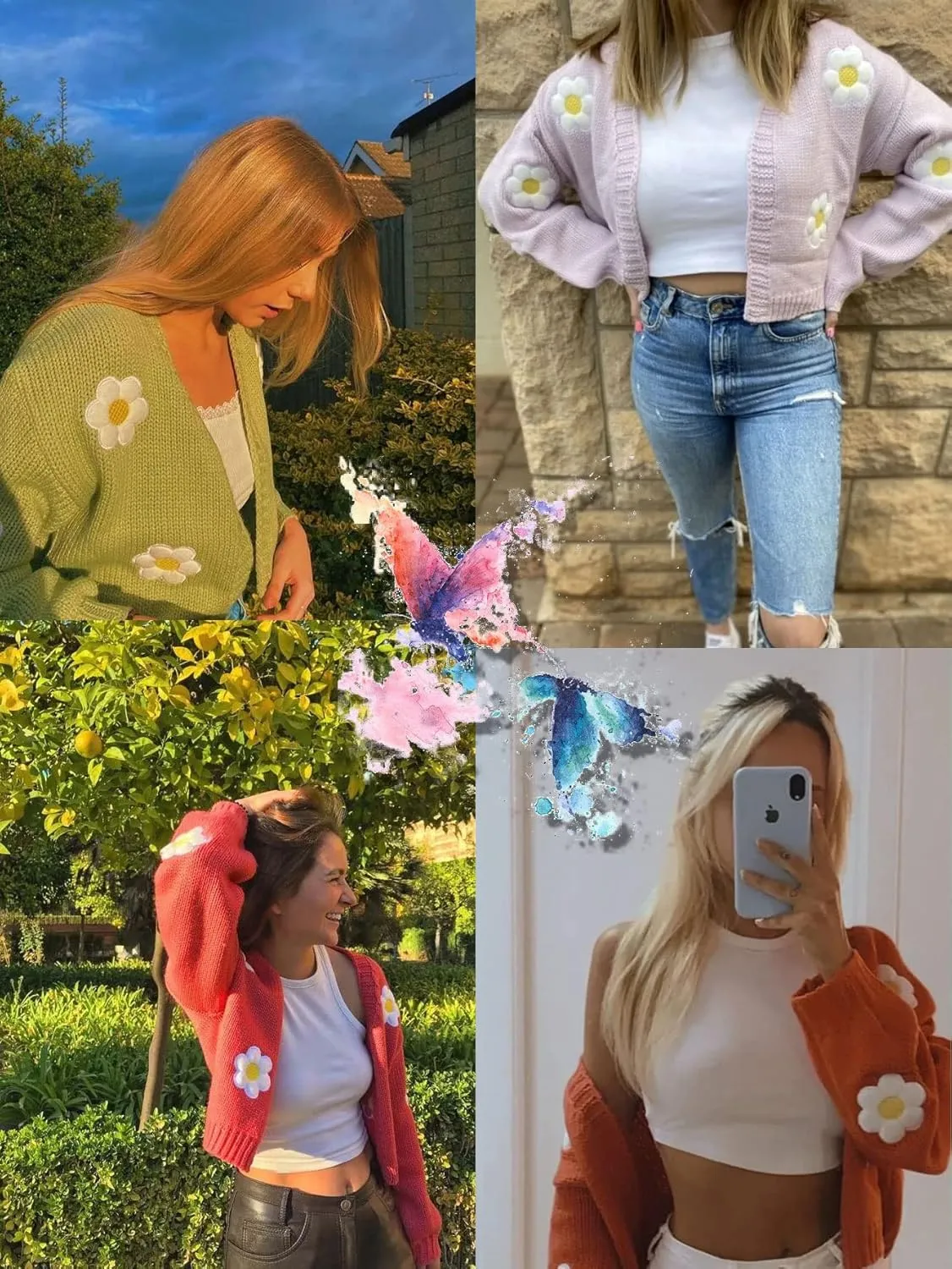 Womens Y2K Cardigan Sweaters Long Sleeve Open Front Cropped Flower Knit Cardigan Aesthetic 90s Shrug Back to College Outfits