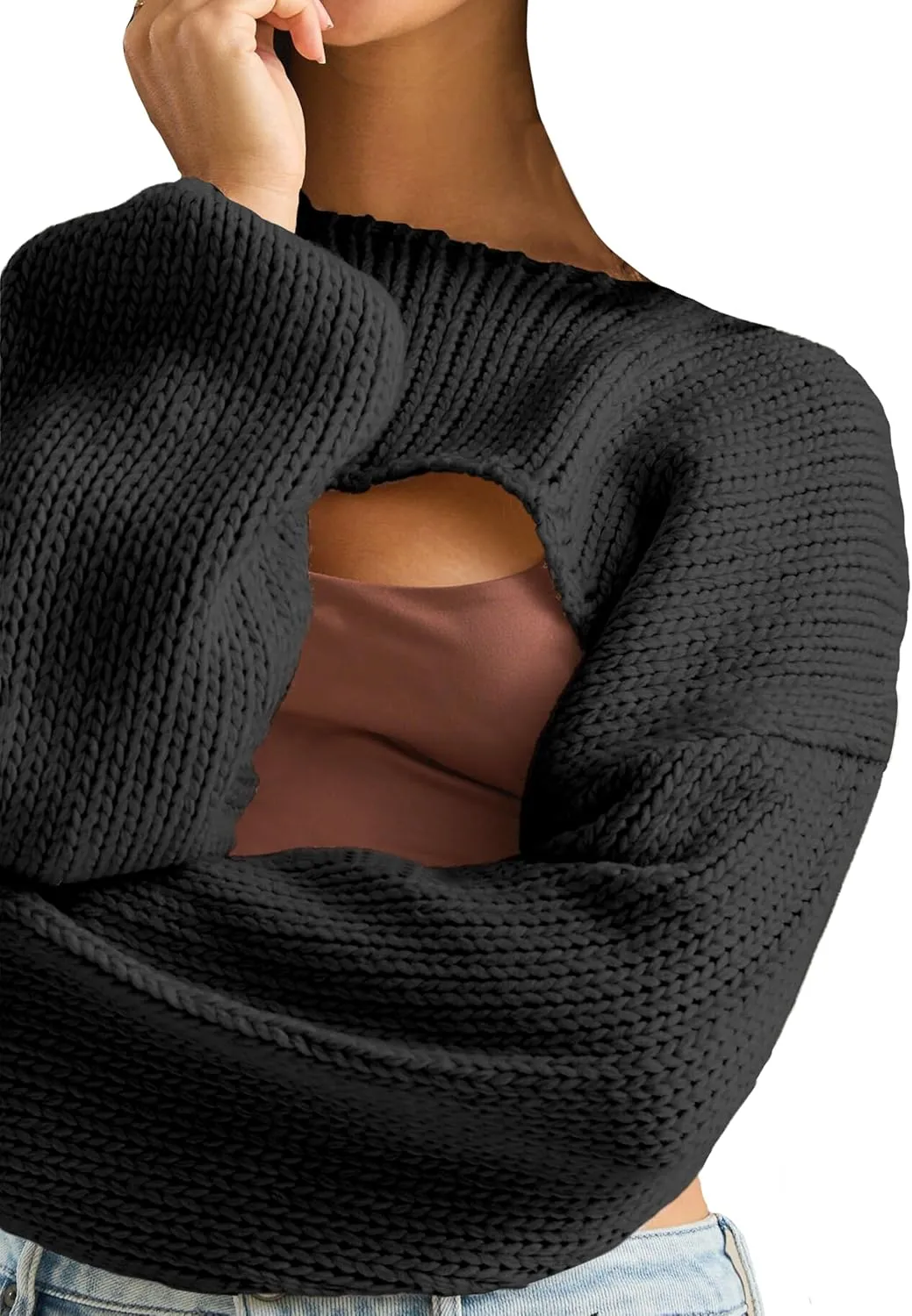 Womens Y2K Crochet Crop Tops Shrug Sweater Young Long Sleeve Shoulder Knit Loose Cropped OutfitsPetite