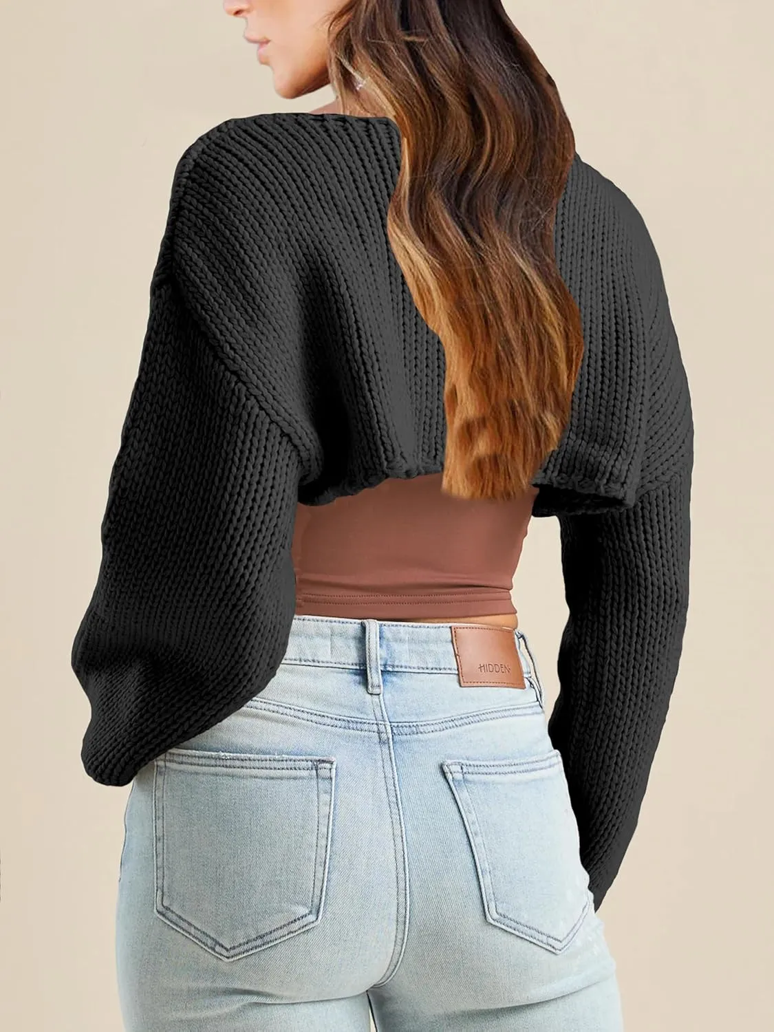 Womens Y2K Crochet Crop Tops Shrug Sweater Young Long Sleeve Shoulder Knit Loose Cropped OutfitsPetite