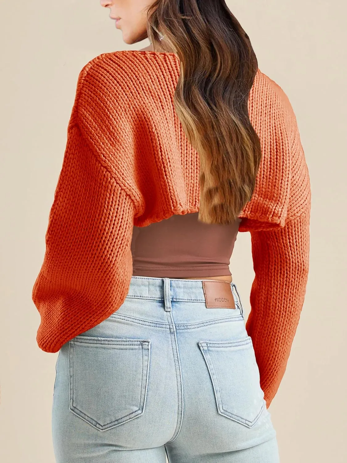 Womens Y2K Crochet Crop Tops Shrug Sweater Young Long Sleeve Shoulder Knit Loose Cropped OutfitsPetite