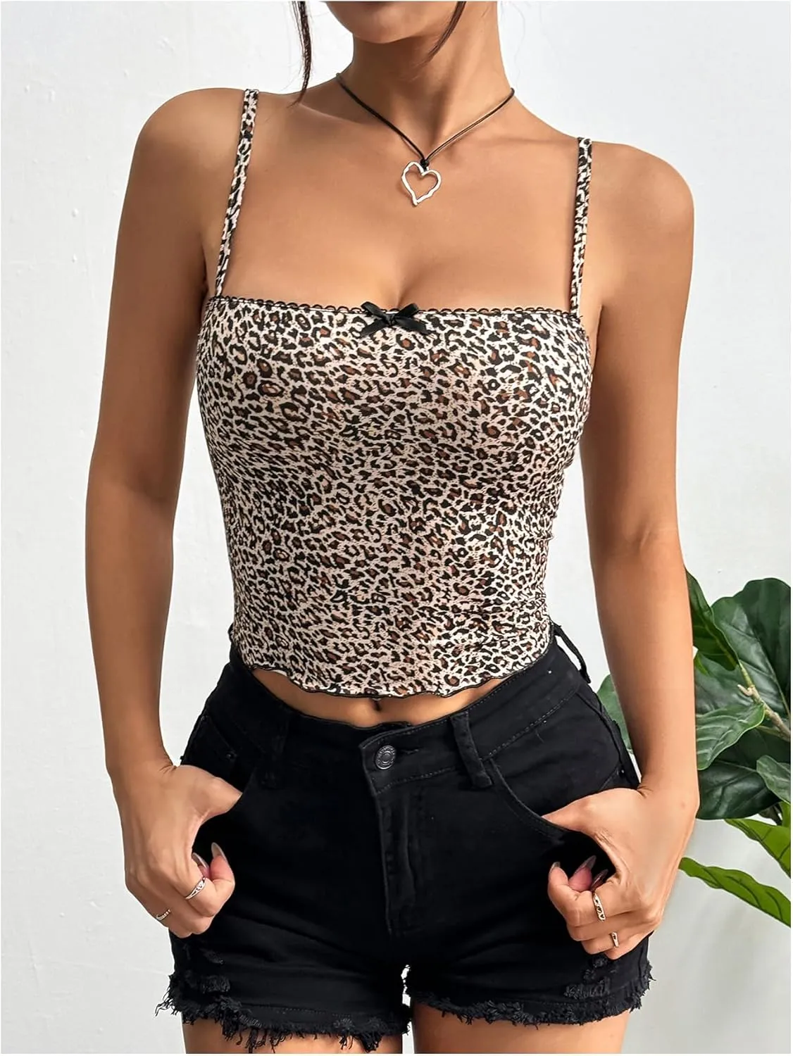 Women's Y2K Leopard Print Cami Crop Tops Square Neck Spaghetti Strap Camisole Cheetah Tank Top