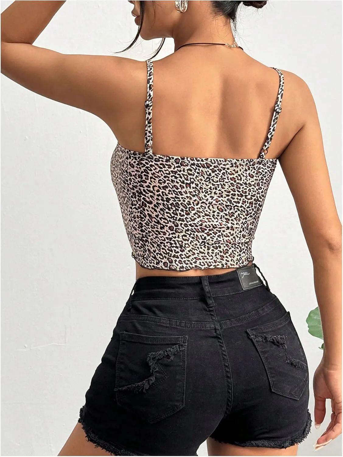 Women's Y2K Leopard Print Cami Crop Tops Square Neck Spaghetti Strap Camisole Cheetah Tank Top