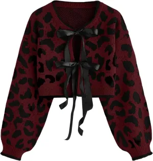 Women's Y2k Leopard Print Sweater Cardigans Bow Tie Front Crop Knit Cardigans Long Sleeve Crew Neck Cheetah Sweater