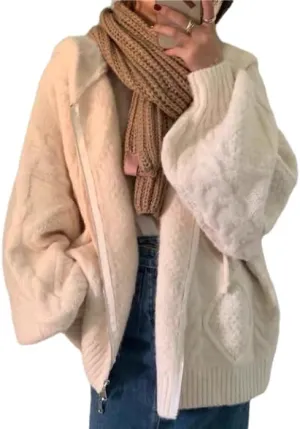 Women's Zip Up Hoodies Sweater Y2K Preppy Oversized Grandpa Sweaters Cable Knit Sweatshirts Old Money Clothing