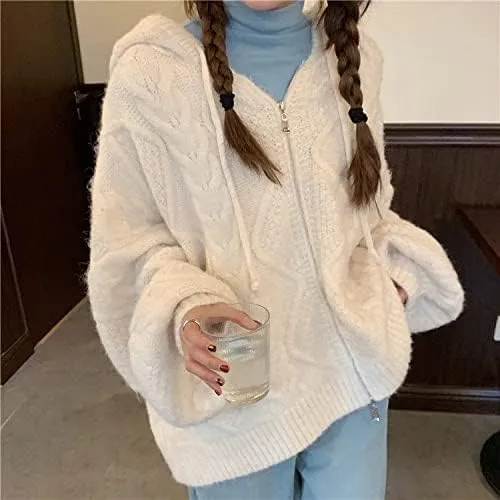 Women's Zip Up Hoodies Sweater Y2K Preppy Oversized Grandpa Sweaters Cable Knit Sweatshirts Old Money Clothing