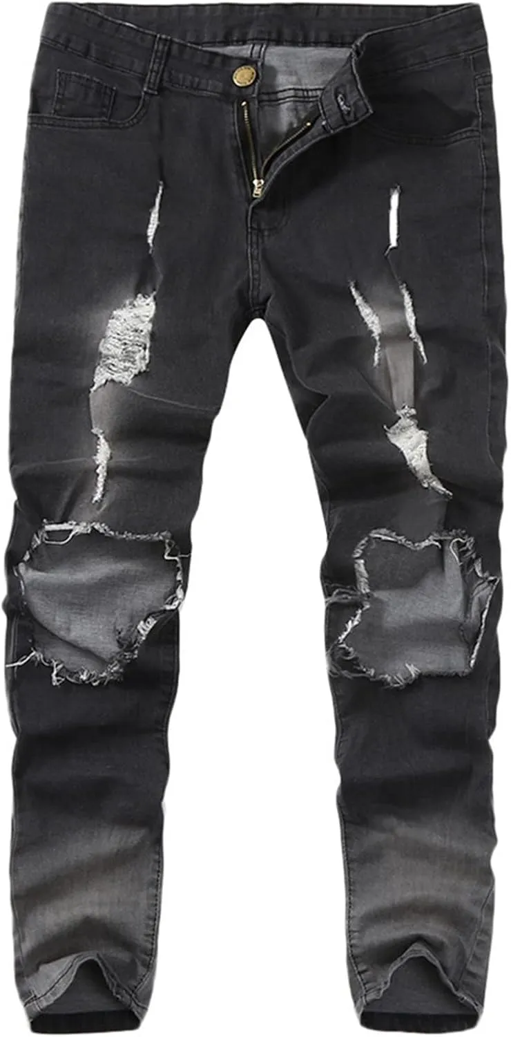 XUNRYAN Teen Boys Mens Jeans Slim Fit Skinny Denim Pants Distressed Ripped Stretch Tapered Jean Junior Pants Streetwear