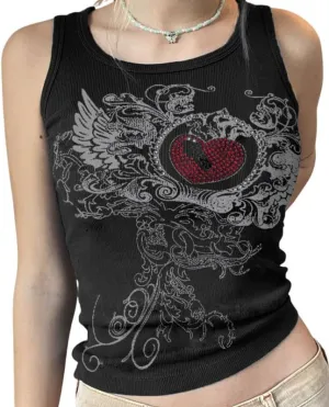 Y2K Tank Tops for Women Girls Heart Graphic Rhinestone U-Neck Sleeveless Tops Coquett Summer Mcbling Clothes