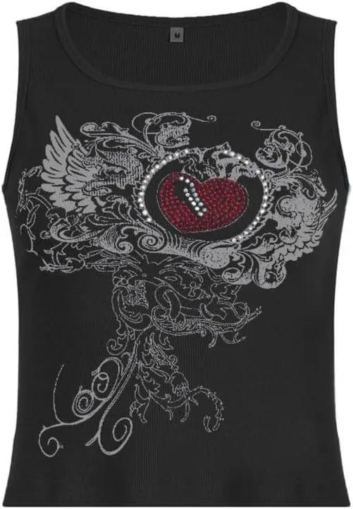 Y2K Tank Tops for Women Girls Heart Graphic Rhinestone U-Neck Sleeveless Tops Coquett Summer Mcbling Clothes